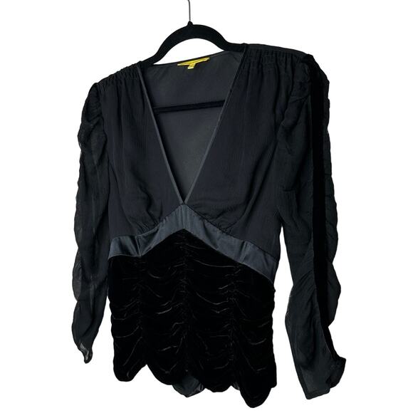 Catherine Malandrino Black Deep-V Gauze Satin Velvet Ruched 3/4 Sleeve Blouse S - Picture 2 of 12
